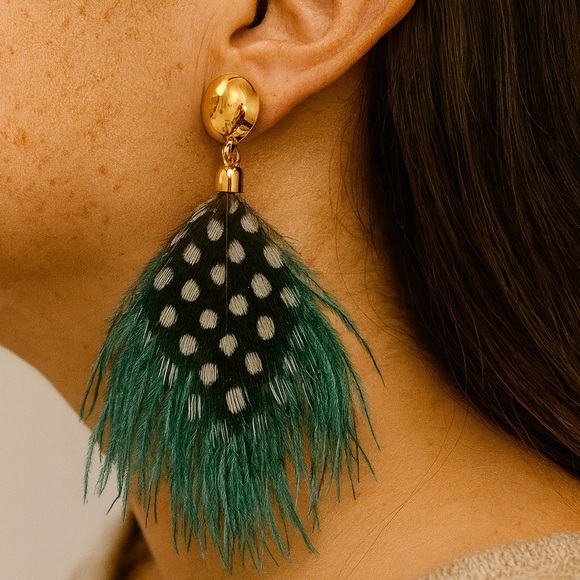 Elegant Gold and Green Feather Earrings - Picture 1 of 3